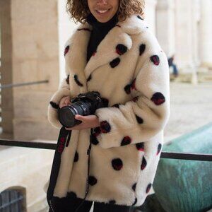 Eleven Paris Faux Fur Coat Ivory Black Red Size S